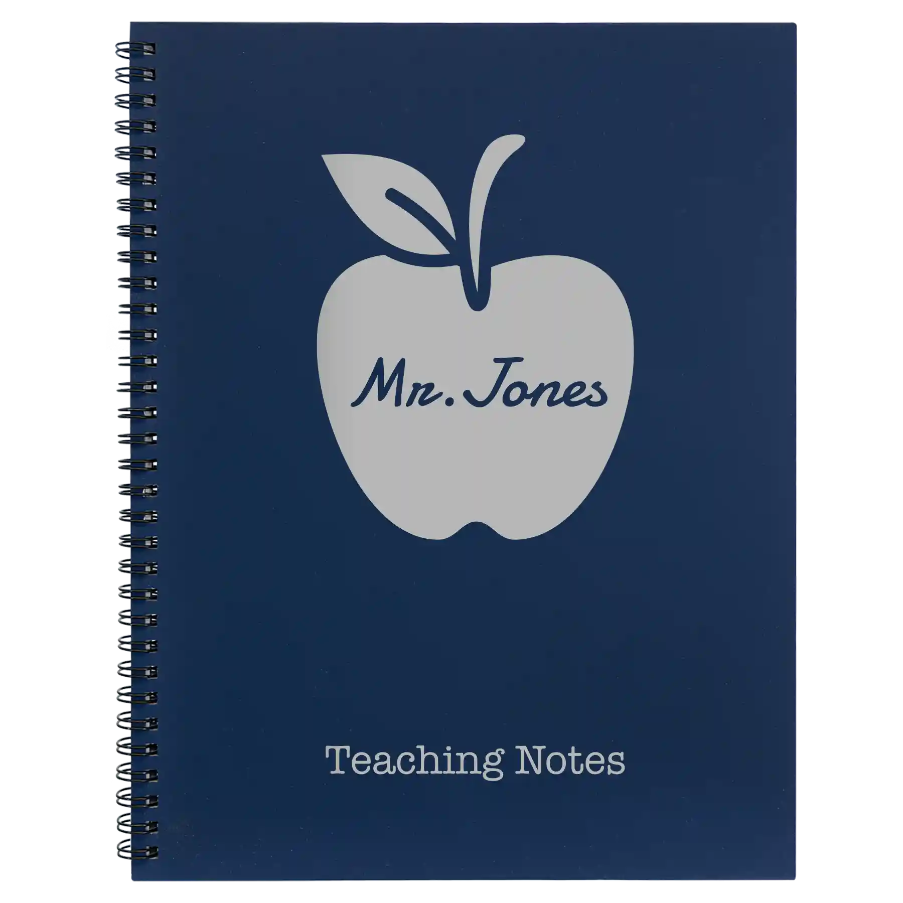 Large blue spiral notebook laser etched with 'Teacher Apple' design
