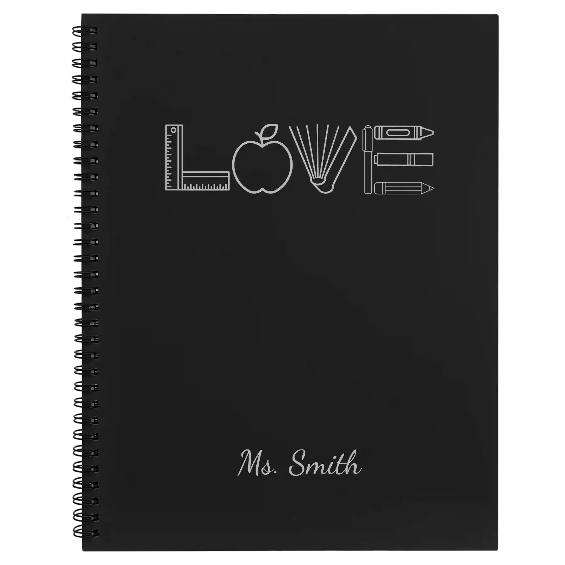 Large black spiral notebook laser etched with 'Teacher Love' design
