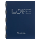Large blue spiral notebook laser etched with 'Teacher Love' design