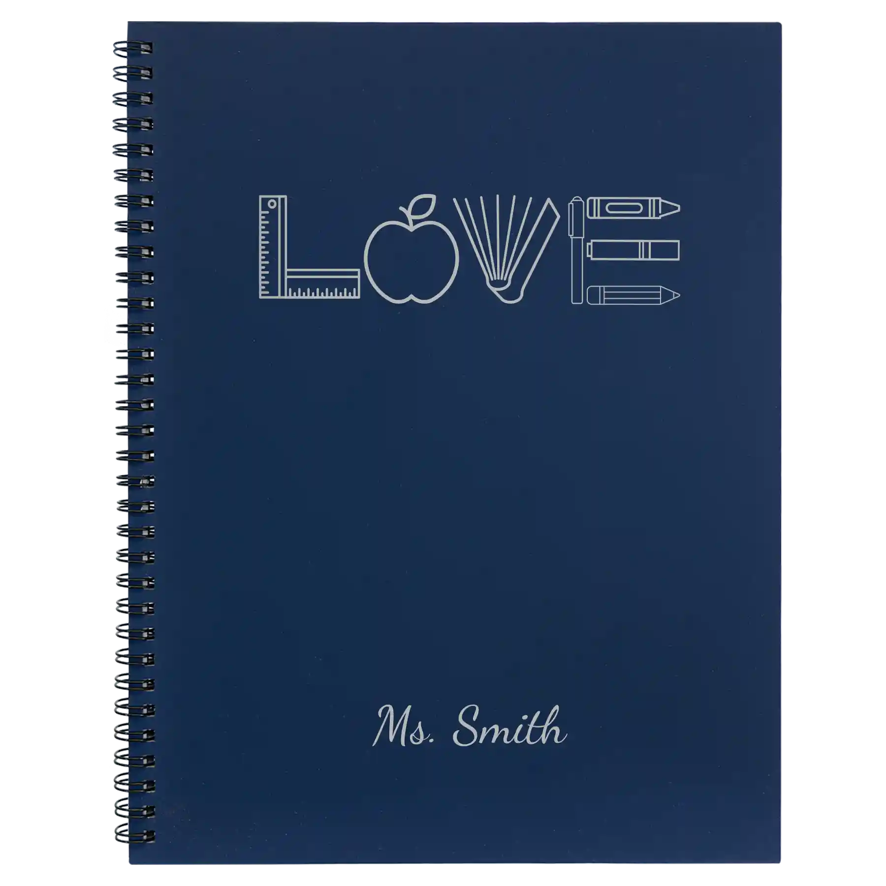 Large blue spiral notebook laser etched with 'Teacher Love' design