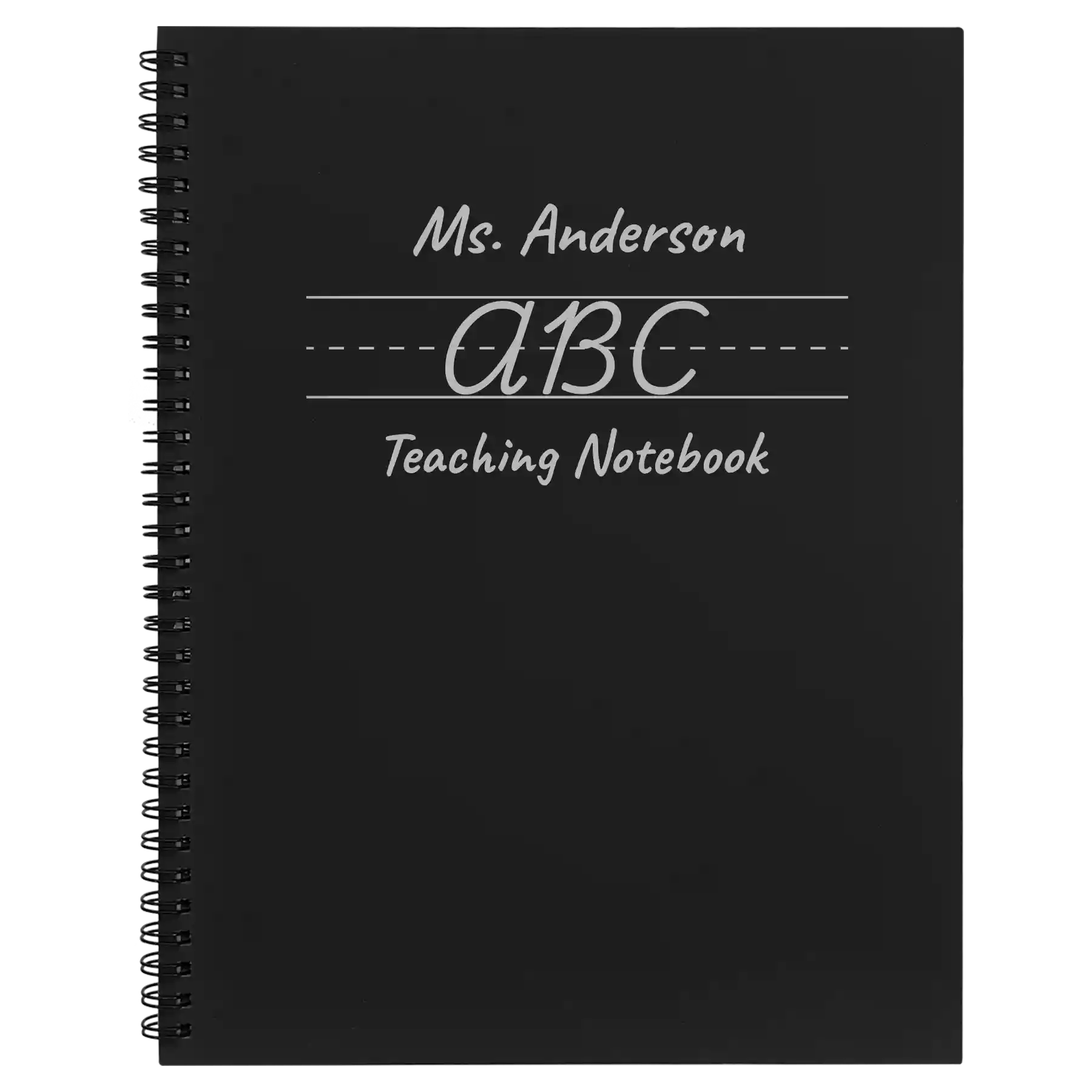 Large black spiral notebook laser etched with 'Teaching Notebook' design