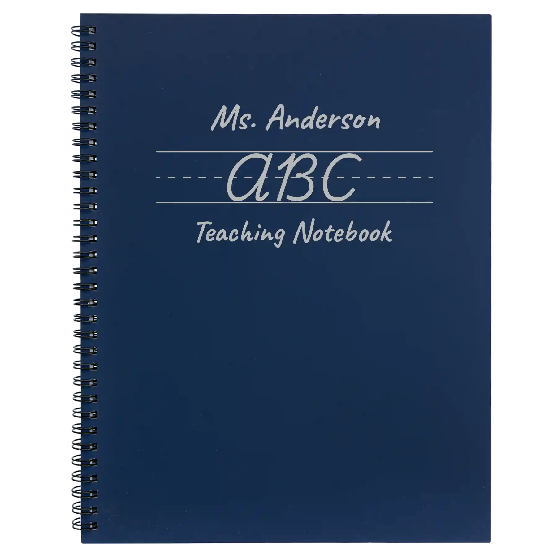 Large blue spiral notebook laser etched with 'Teaching Notebook' design