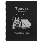 Large black spiral notebook laser etched with 'Travel Journal' design