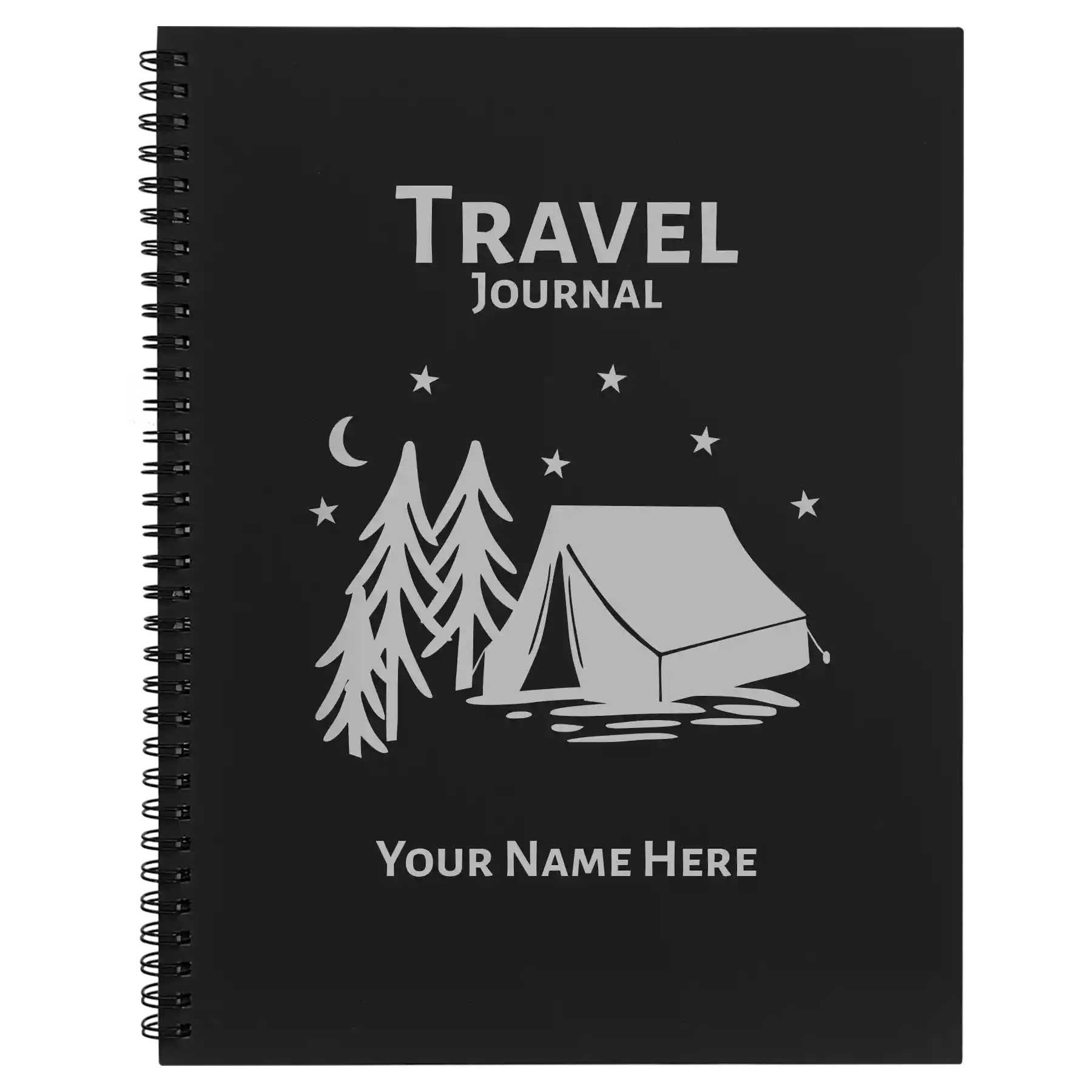 Large black spiral notebook laser etched with 'Travel Journal' design