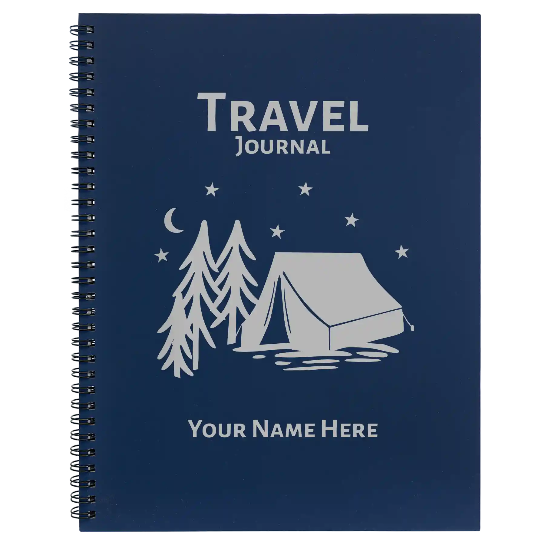 Large blue spiral notebook laser etched with 'Travel Journal' design