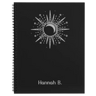 Large black spiral notebook laser etched with 'Sunburst' design