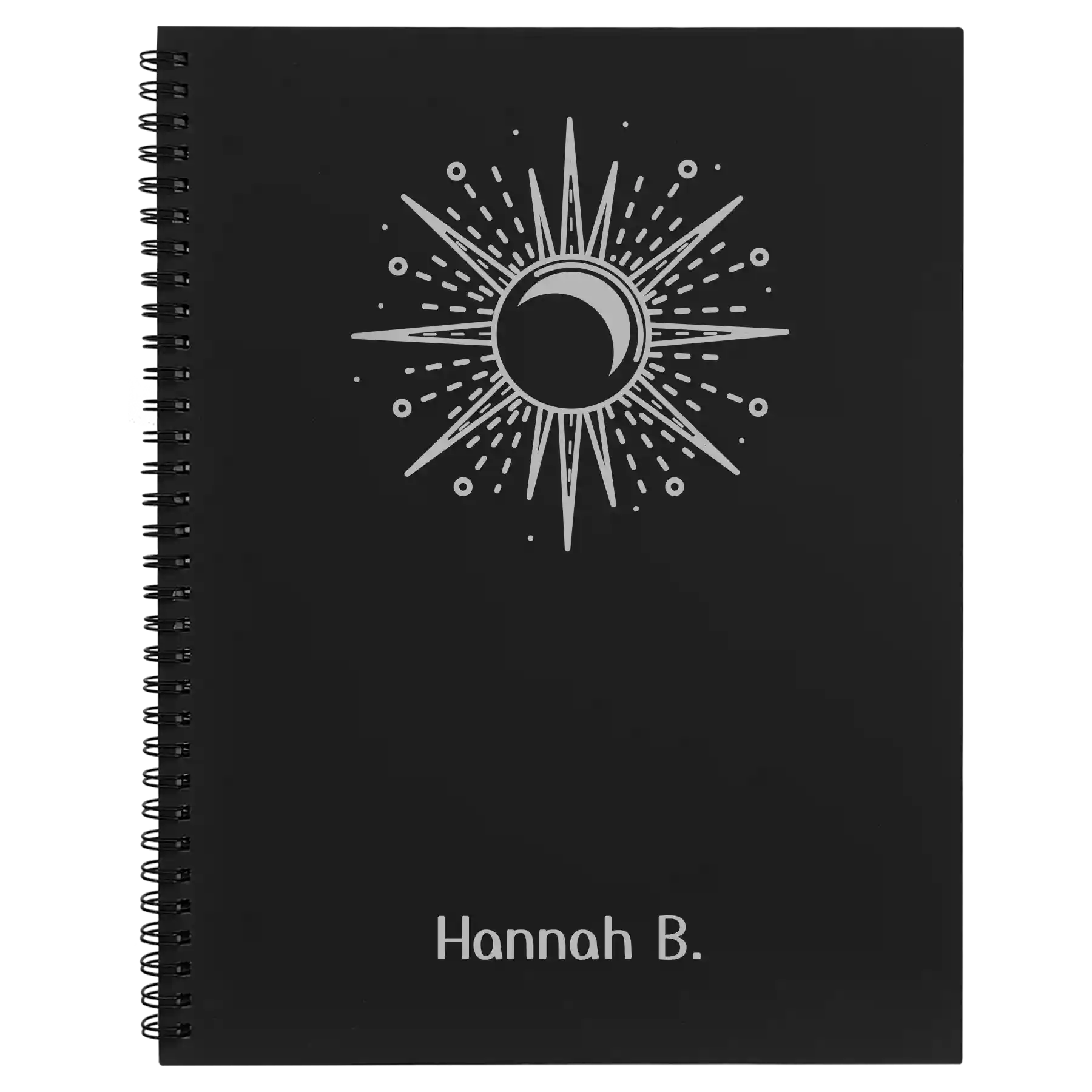 Large black spiral notebook laser etched with 'Sunburst' design