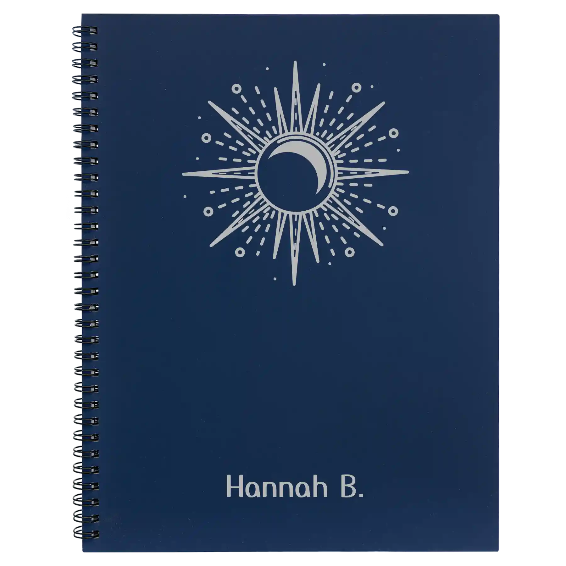Large blue spiral notebook laser etched with 'Sunburst' design
