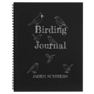 Large black spiral notebook laser etched with 'Birding Journal' design