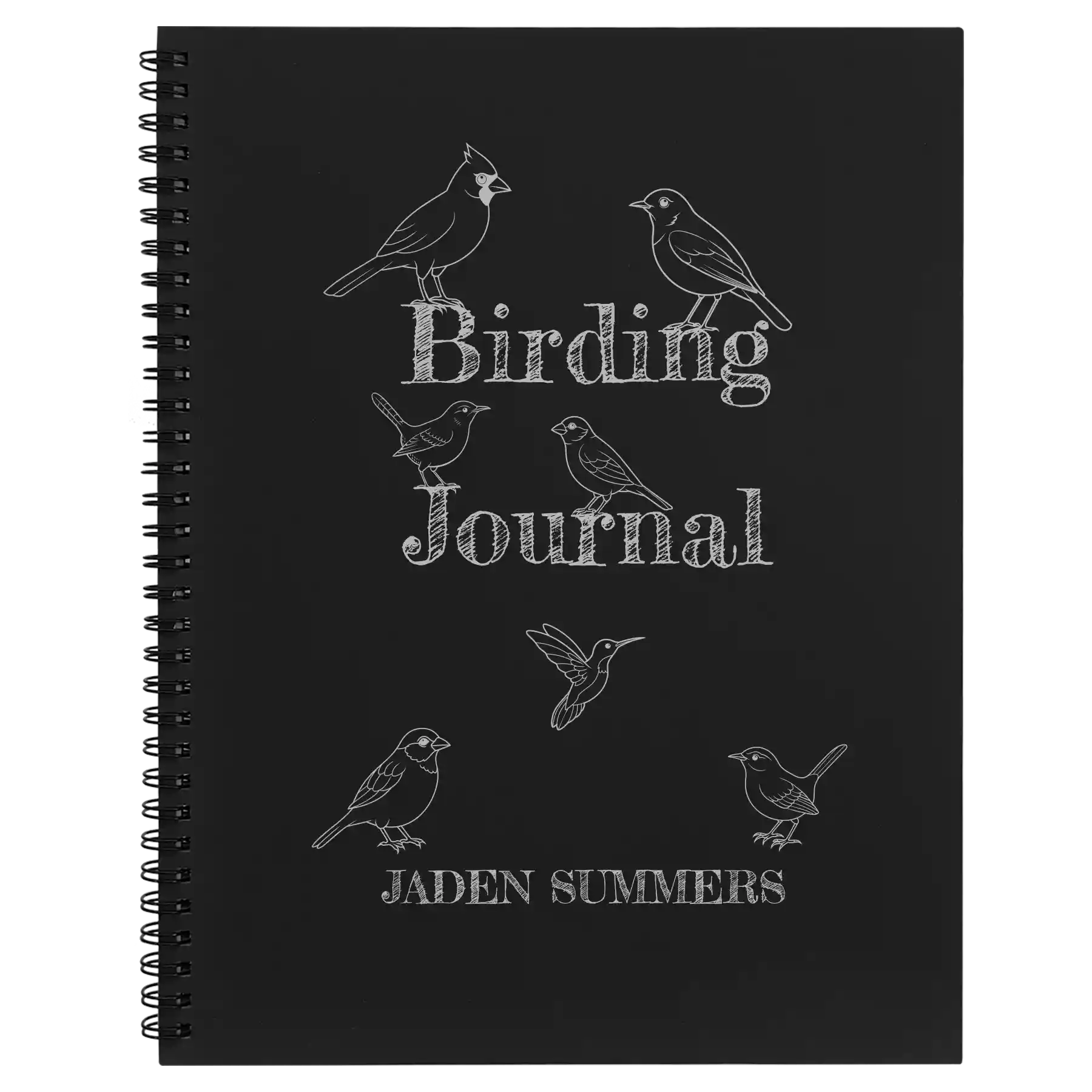Large black spiral notebook laser etched with 'Birding Journal' design