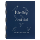 Large blue spiral notebook laser etched with 'Birding Journal' design