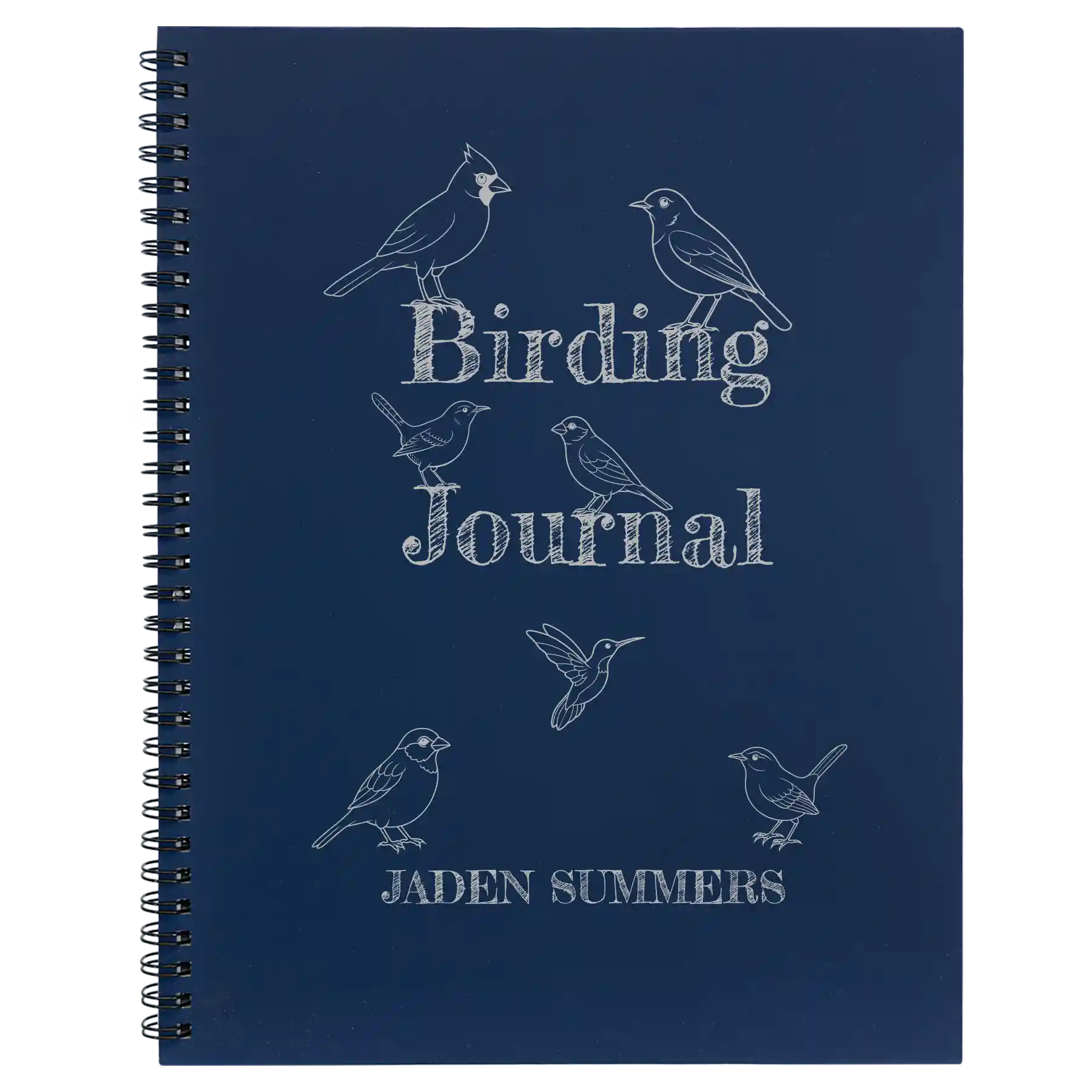 Large blue spiral notebook laser etched with 'Birding Journal' design