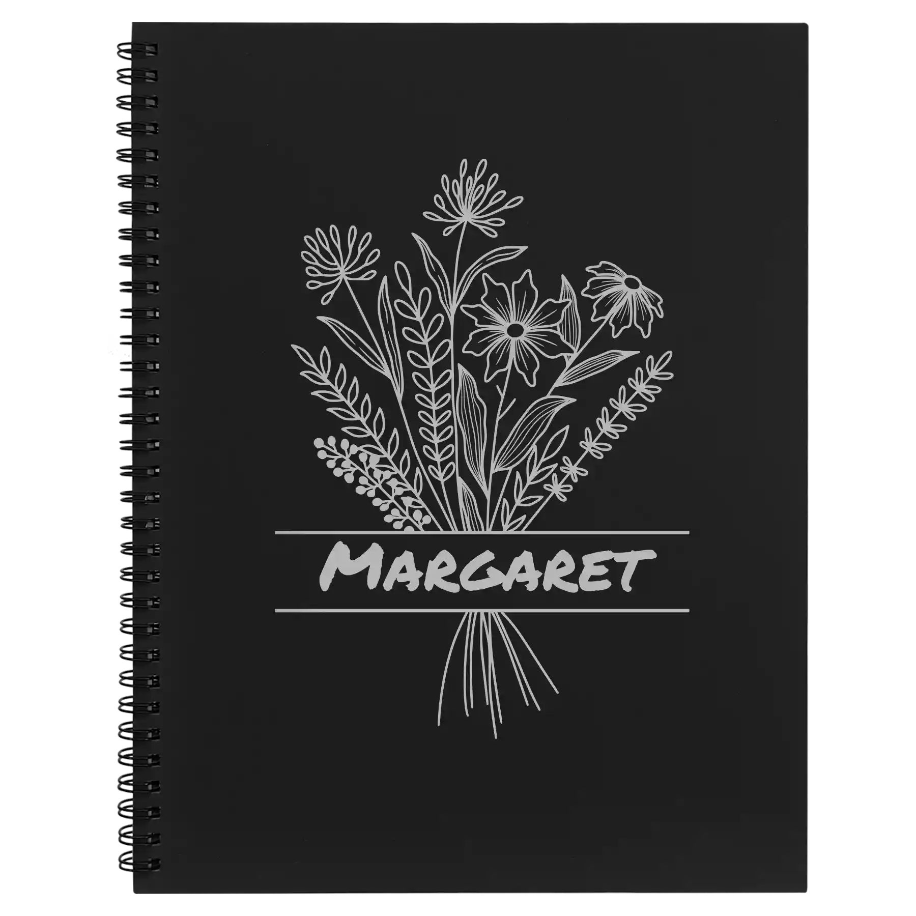 Large black spiral notebook laser etched with 'Flower with Name' design