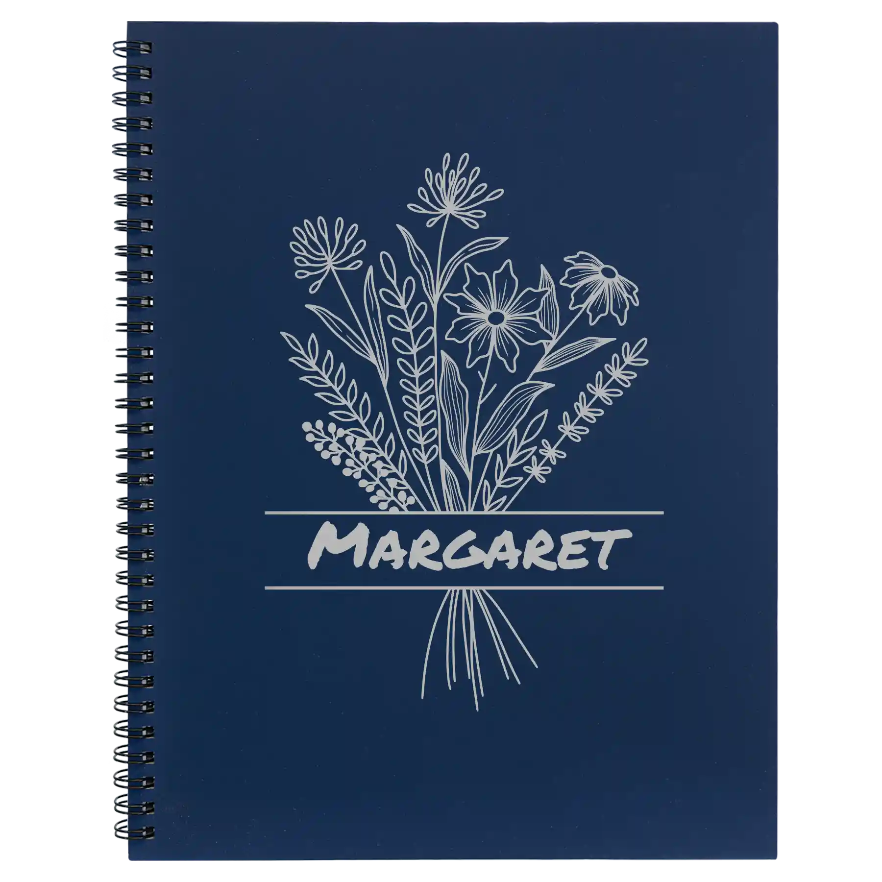 Large blue spiral notebook laser etched with 'Flower with Name' design