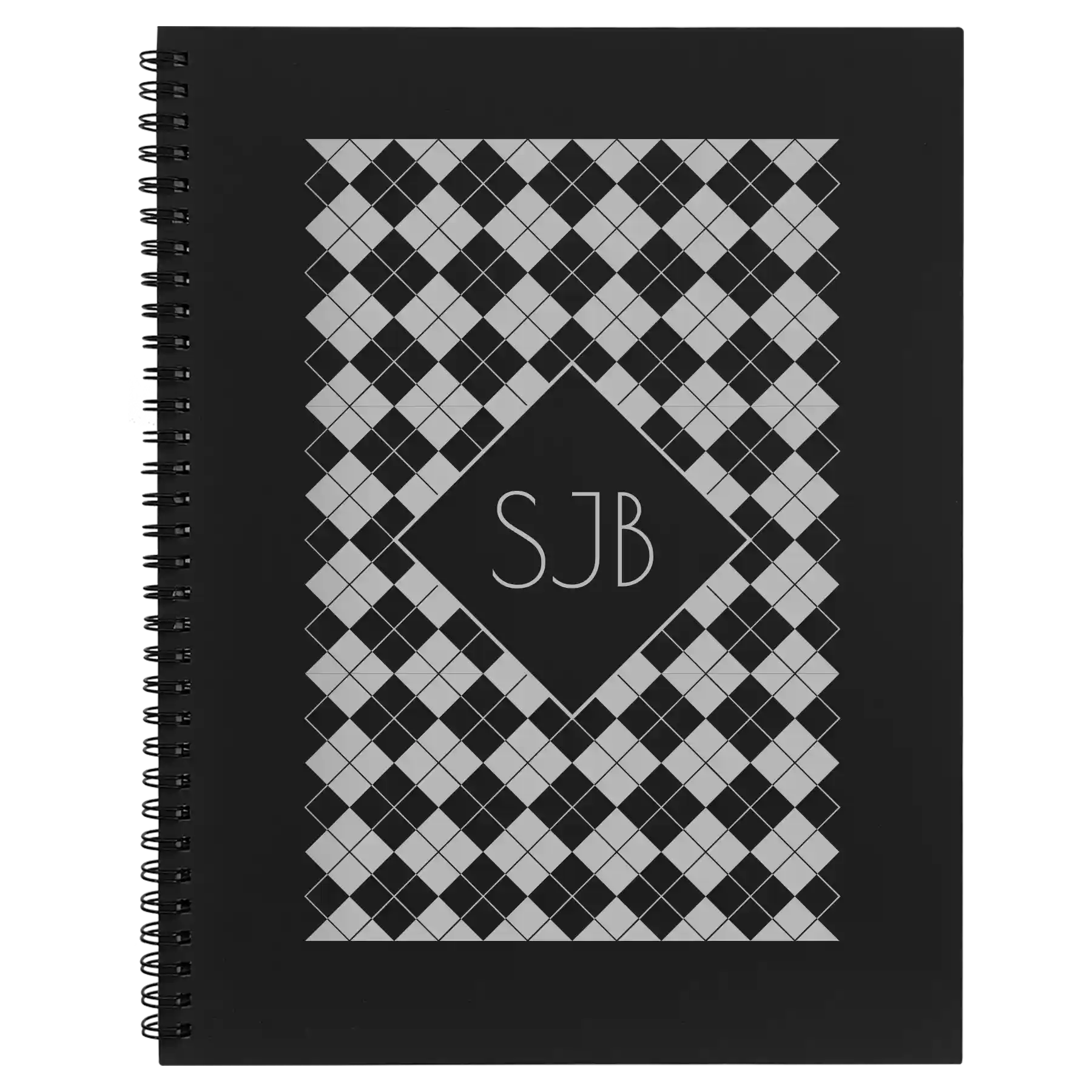 Large black spiral notebook laser etched with 'Argyle' design