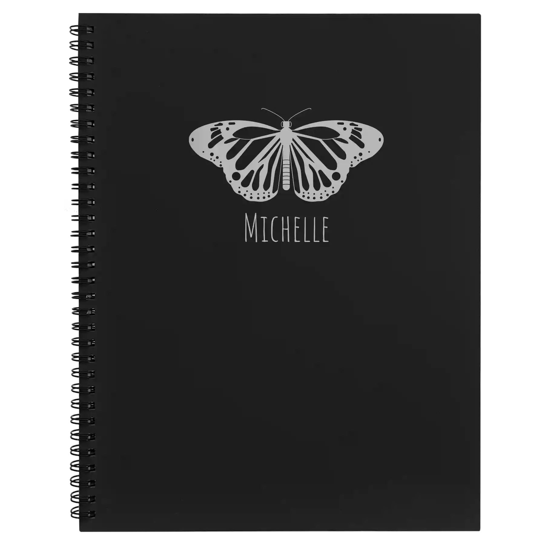 Large black spiral notebook laser etched with 'Butterfly Name' design