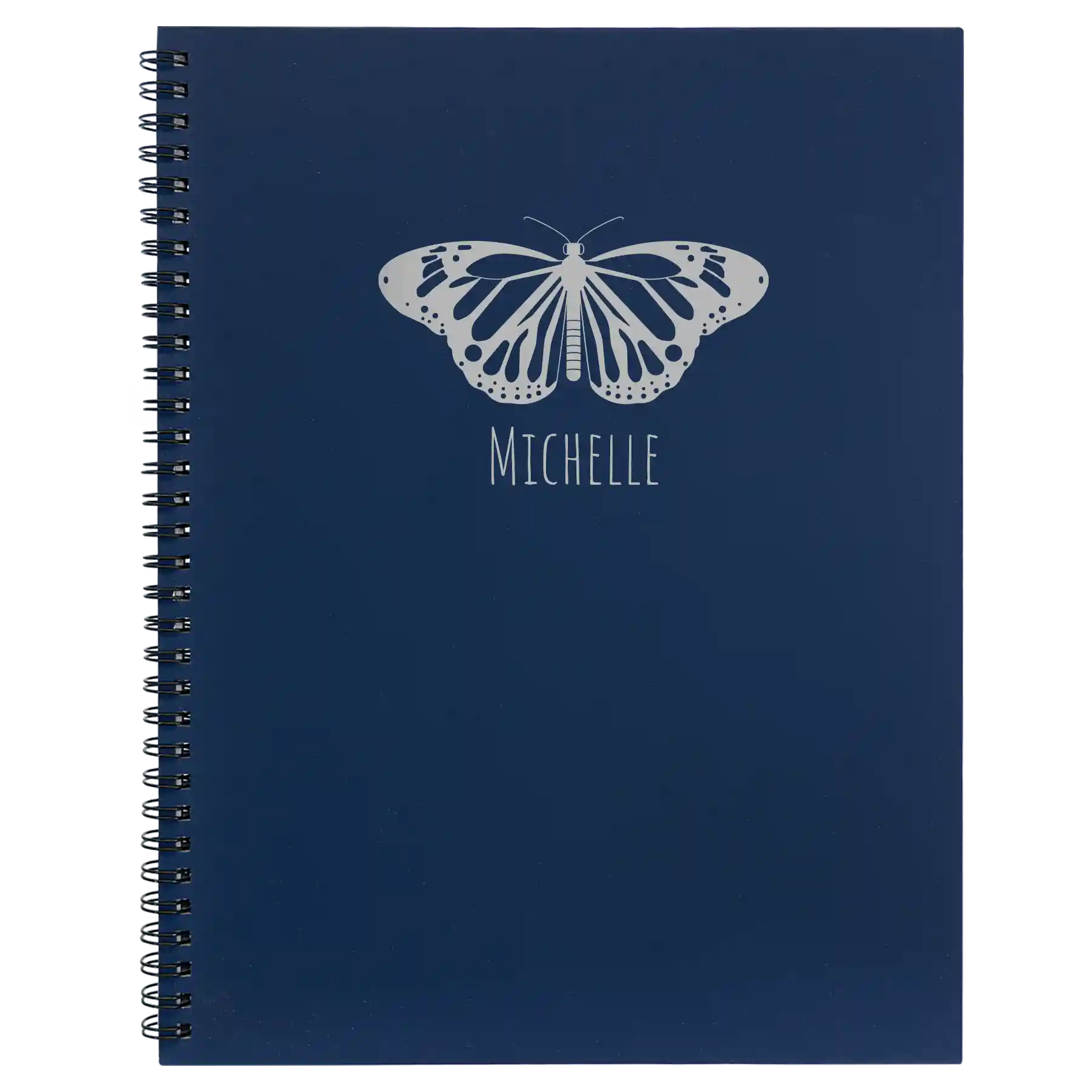 Large blue spiral notebook laser etched with 'Butterfly Name' design
