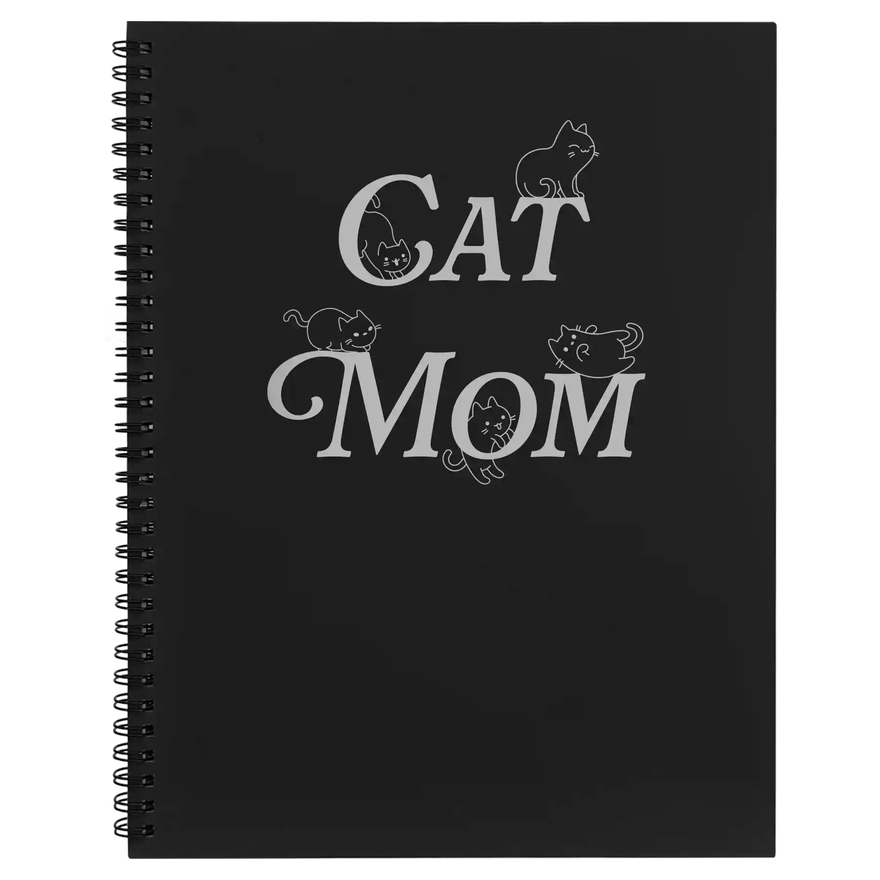 Large black spiral notebook laser etched with 'Cat Mom' design