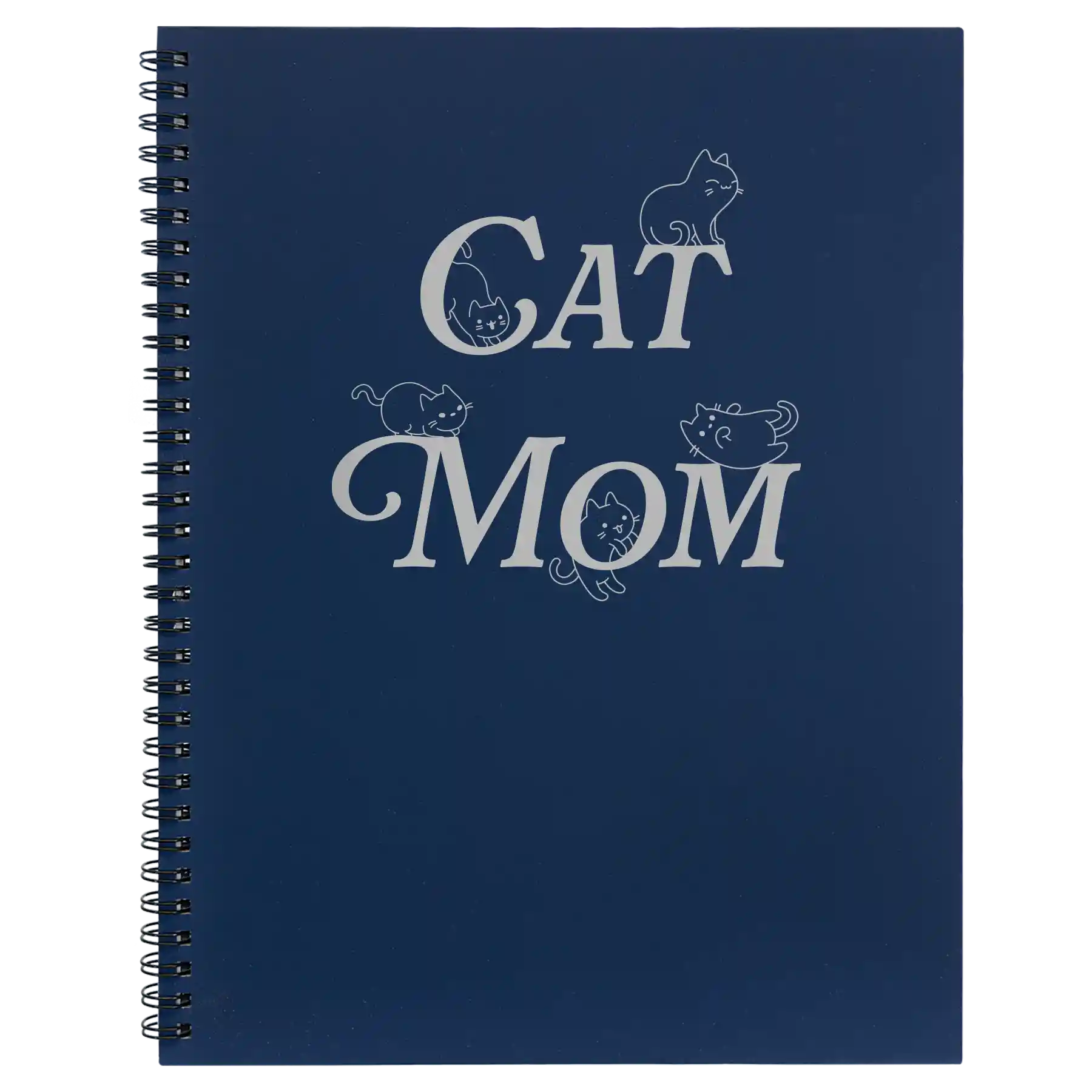 Large blue spiral notebook laser etched with 'Cat Mom' design