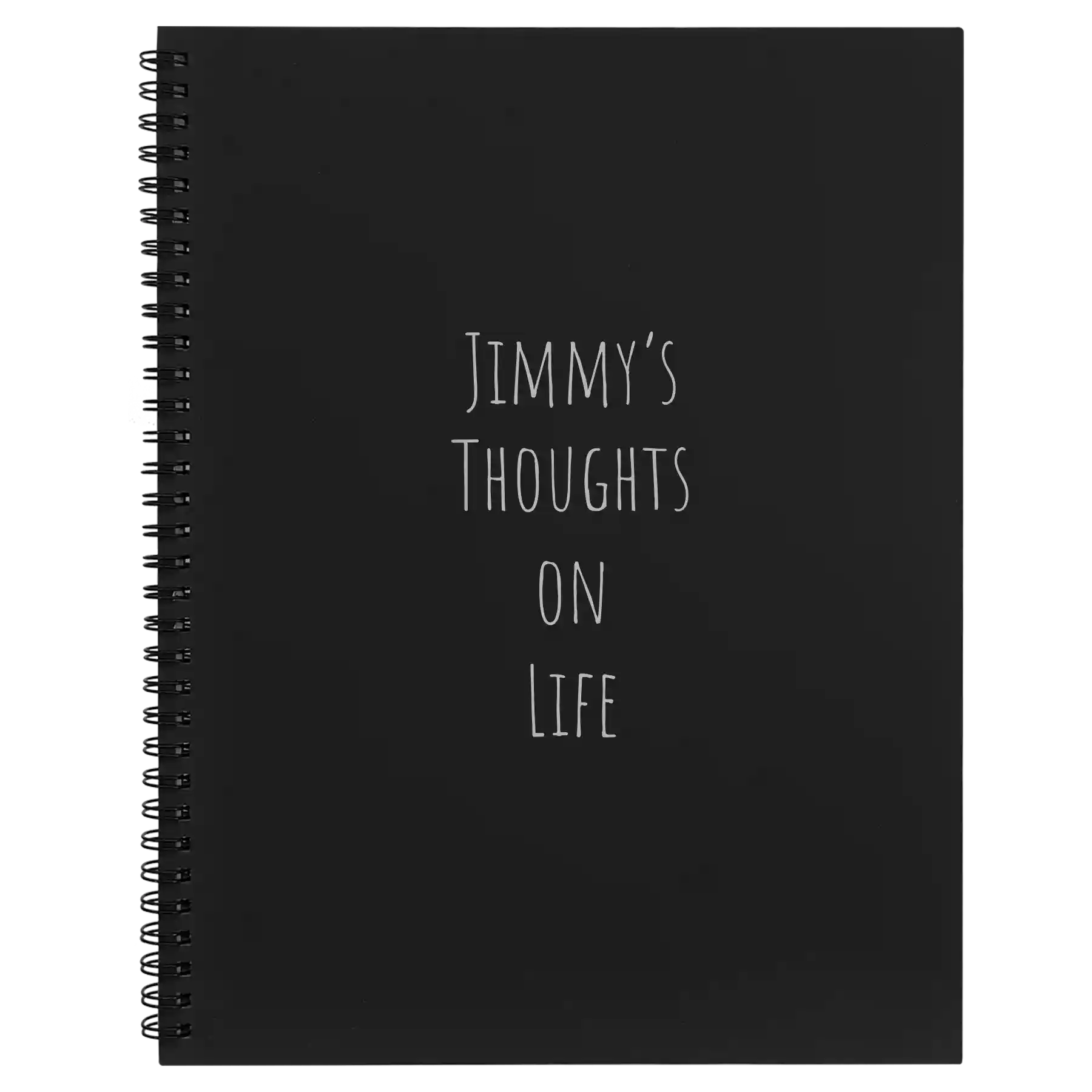 Large black spiral notebook laser etched with 'Thoughts on Life' design