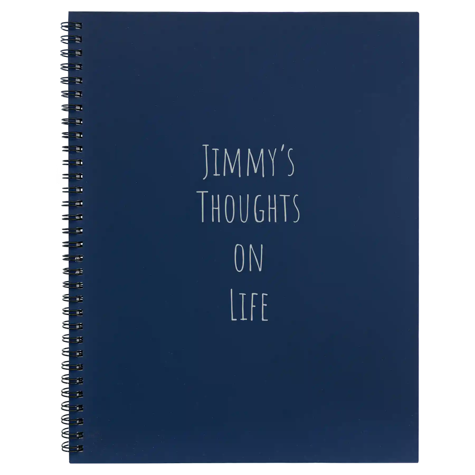 Large blue spiral notebook laser etched with 'Thoughts on Life' design