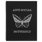Large black spiral notebook laser etched with 'Anti-Social Butterfly' design