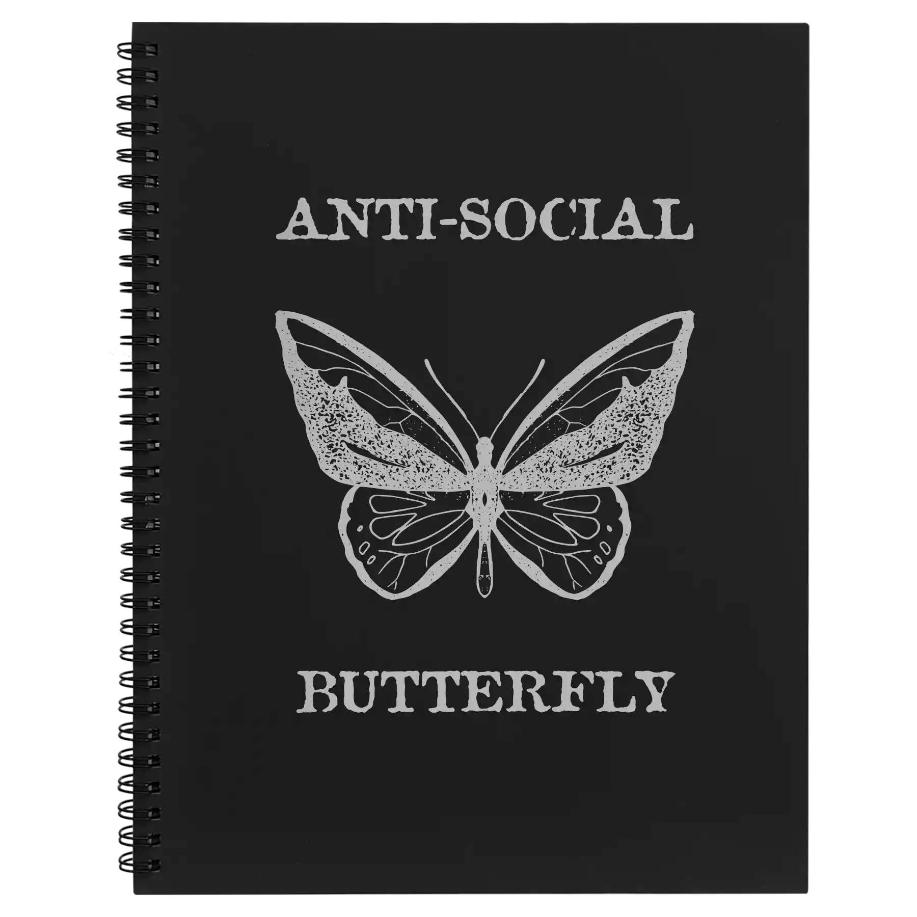 Large black spiral notebook laser etched with 'Anti-Social Butterfly' design