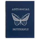 Large blue spiral notebook laser etched with 'Anti-Social Butterfly' design