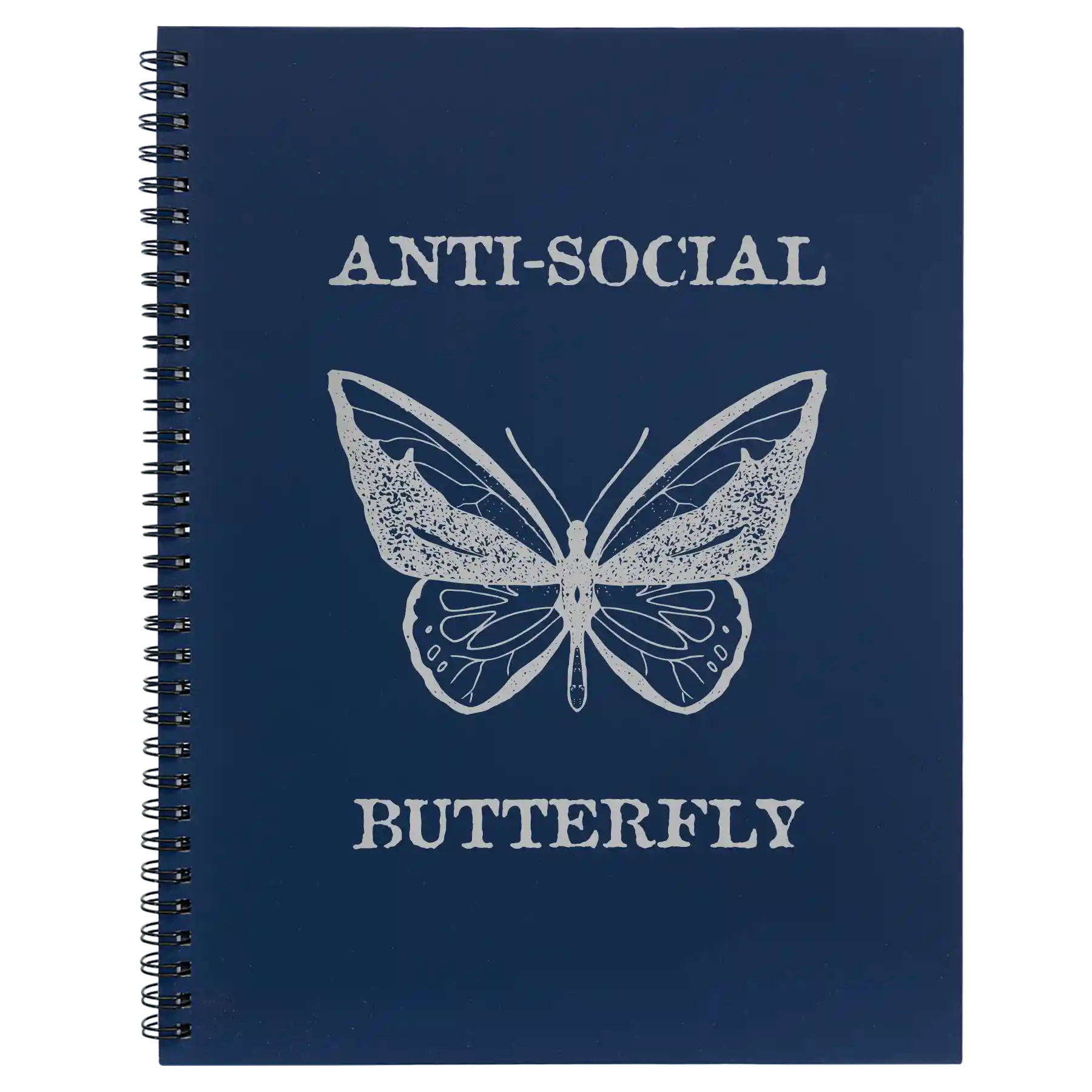 Large blue spiral notebook laser etched with 'Anti-Social Butterfly' design