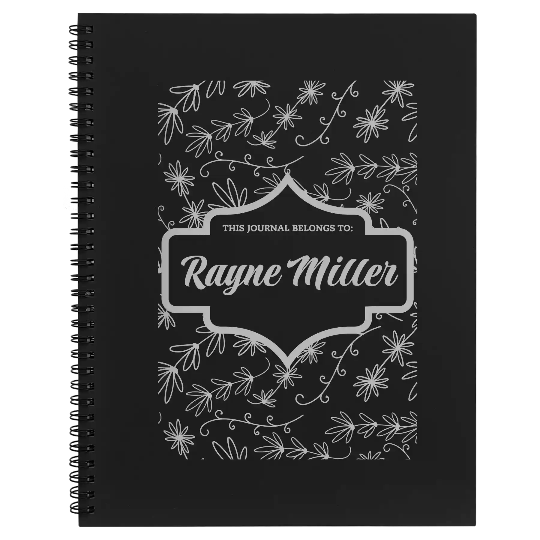 Large black spiral notebook laser etched with 'This Journal Belongs to ' design