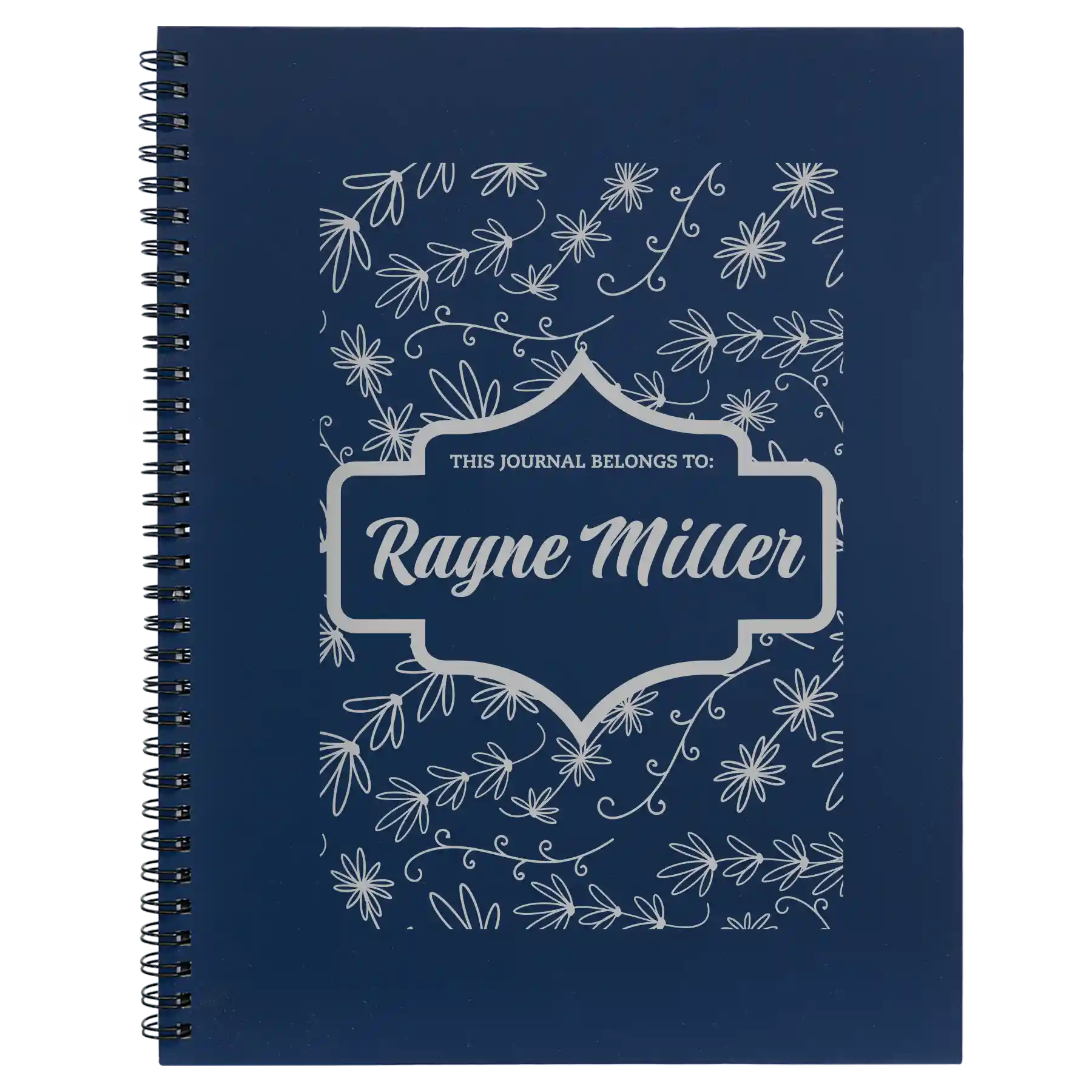 Large blue spiral notebook laser etched with 'This Journal Belongs to ' design