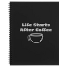 Large black spiral notebook laser etched with 'Life Coffee' design