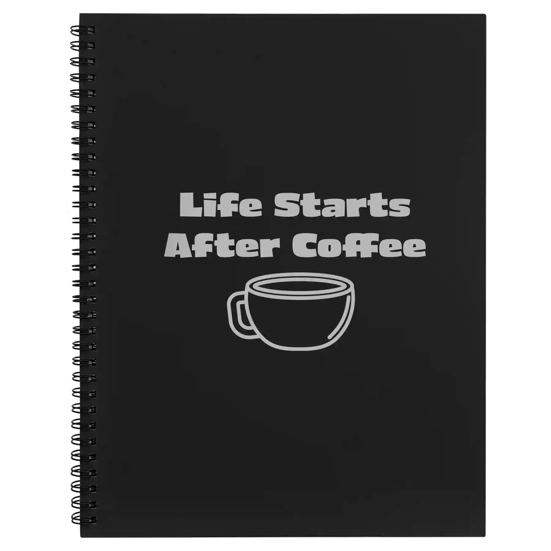 Large black spiral notebook laser etched with 'Life Coffee' design
