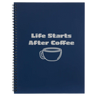 Large blue spiral notebook laser etched with 'Life Coffee' design