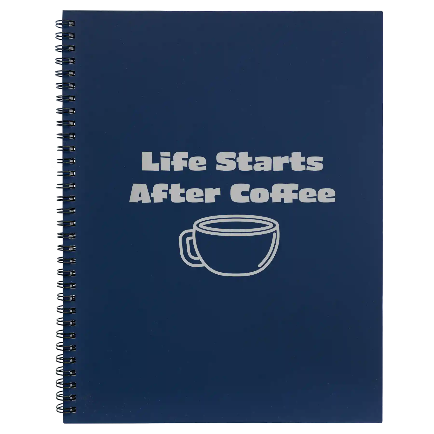 Large blue spiral notebook laser etched with 'Life Coffee' design