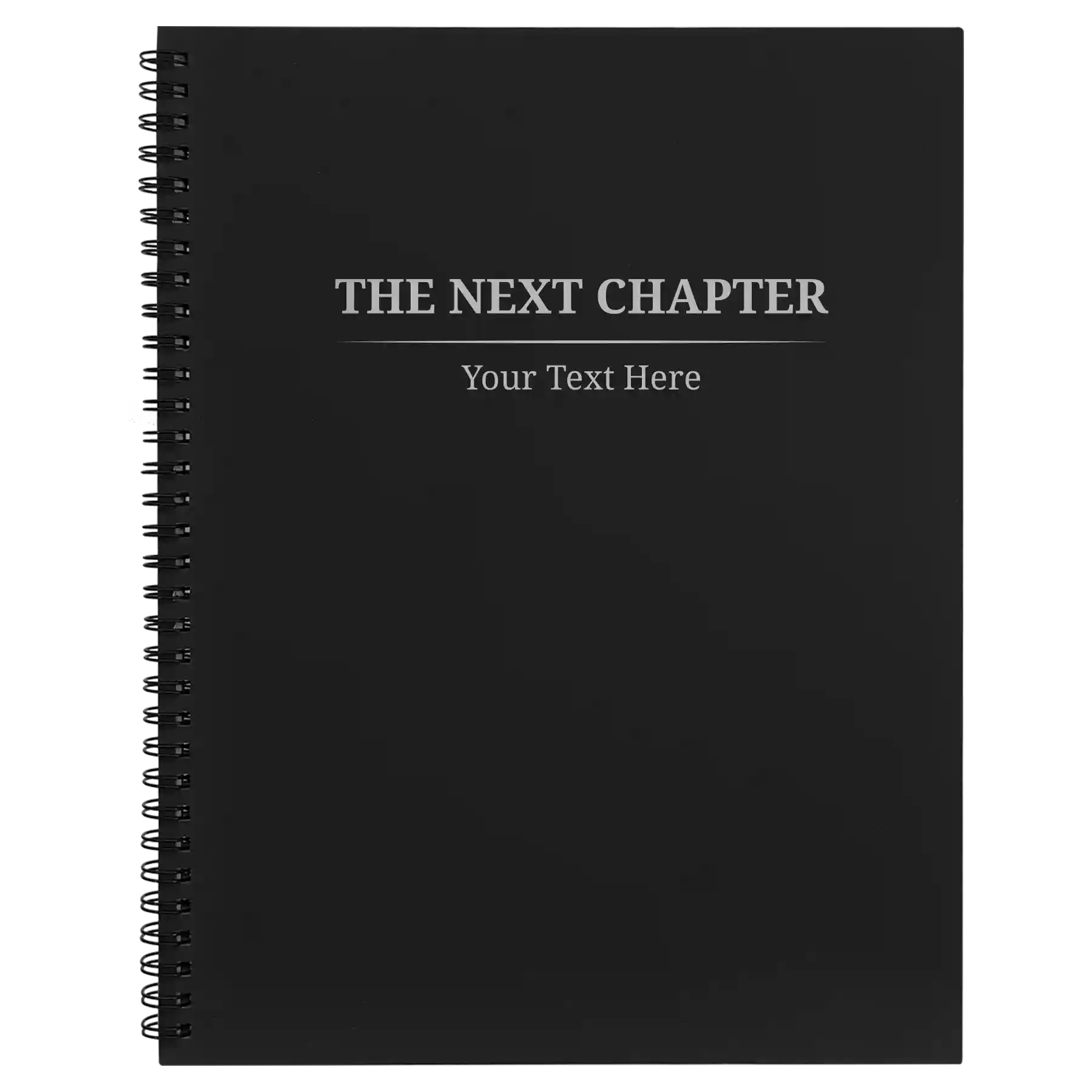 Large black spiral notebook laser etched with 'Next Chapter' design