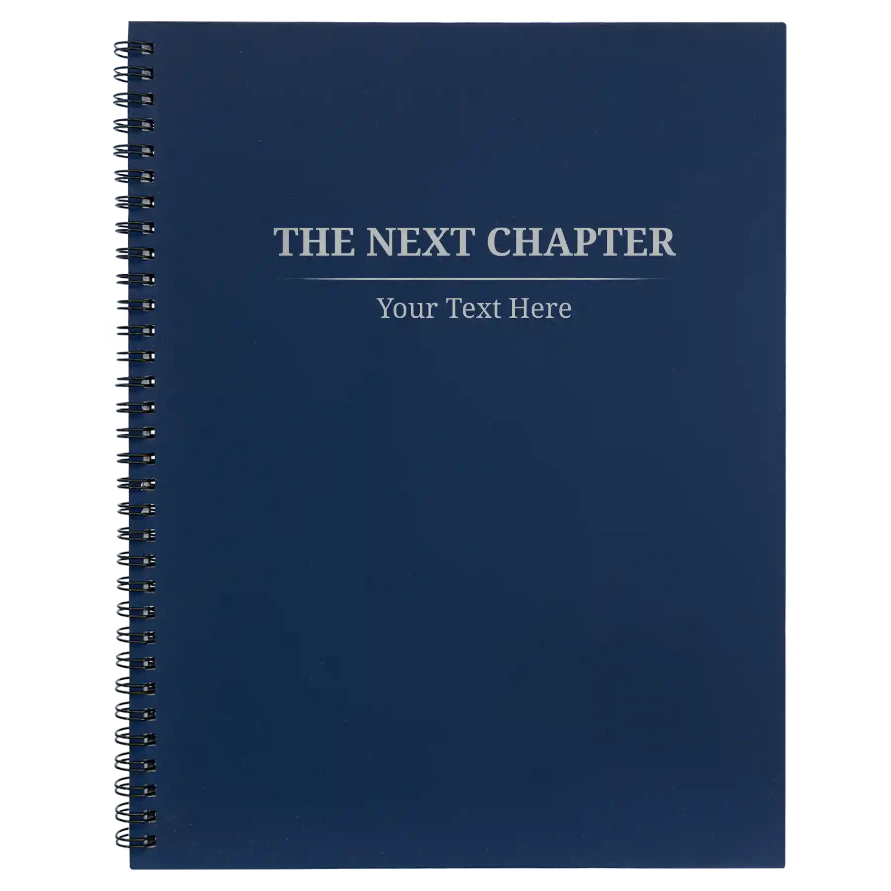 Large blue spiral notebook laser etched with 'Next Chapter' design