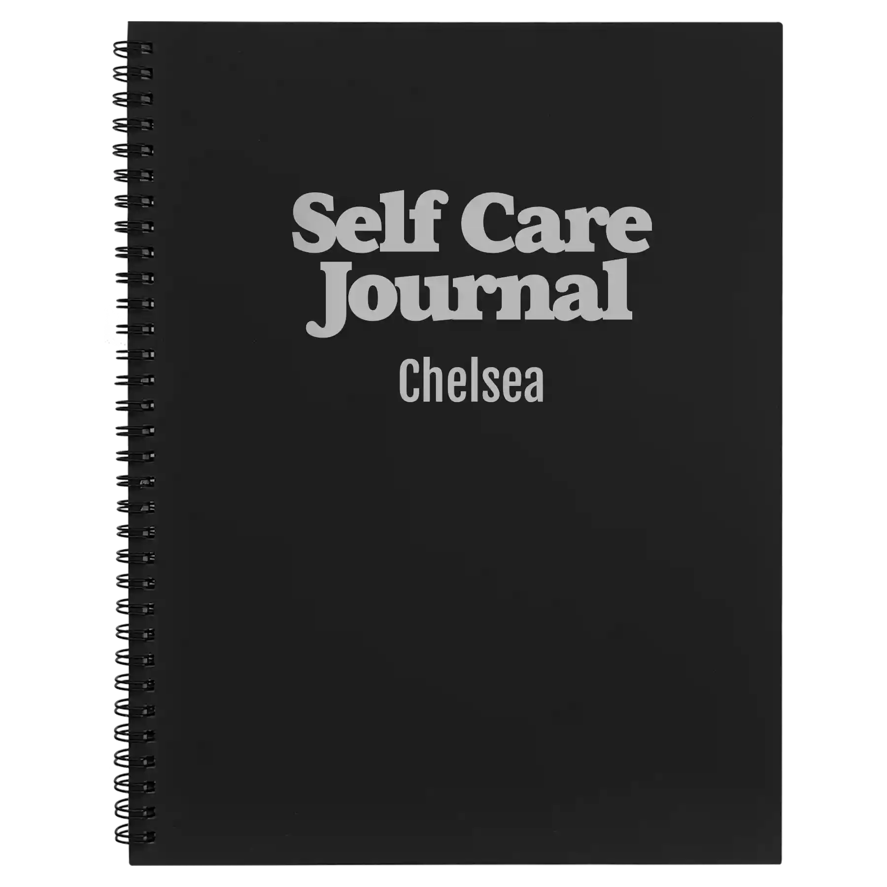 Large black spiral notebook laser etched with 'Self Care' design