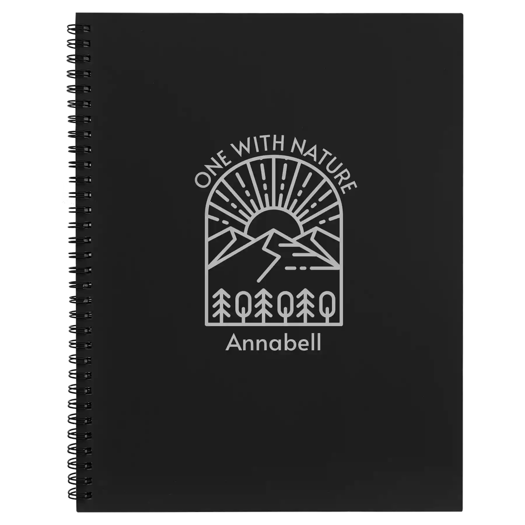 Large black spiral notebook laser etched with 'One with Nature' design