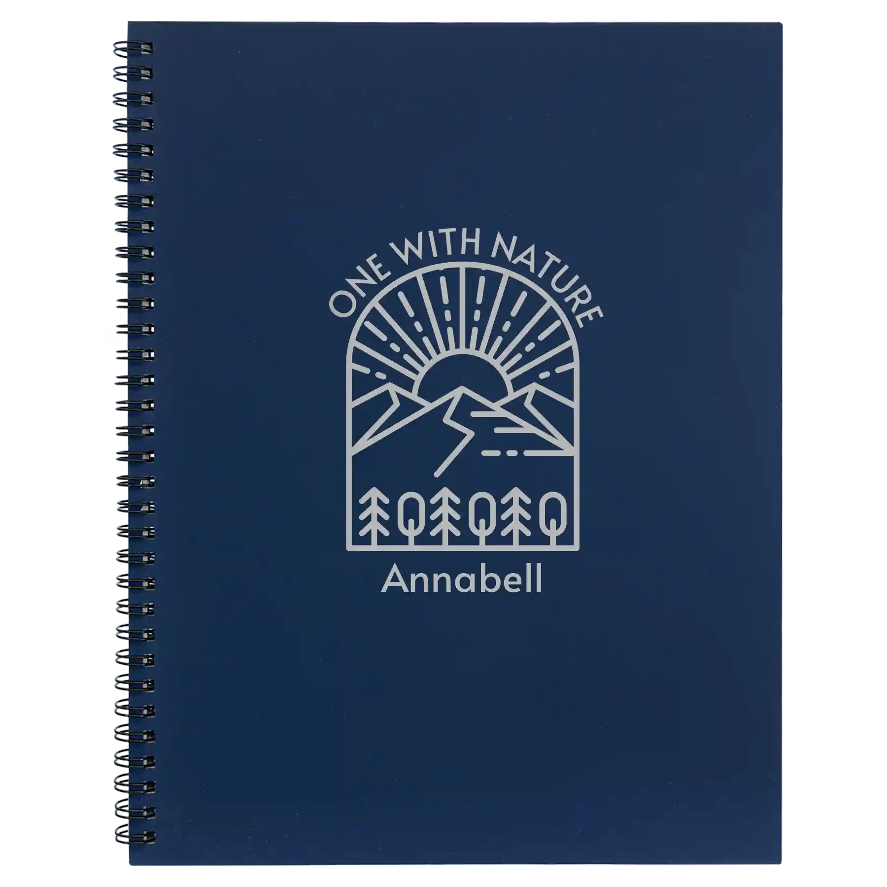 Large blue spiral notebook laser etched with 'One with Nature' design