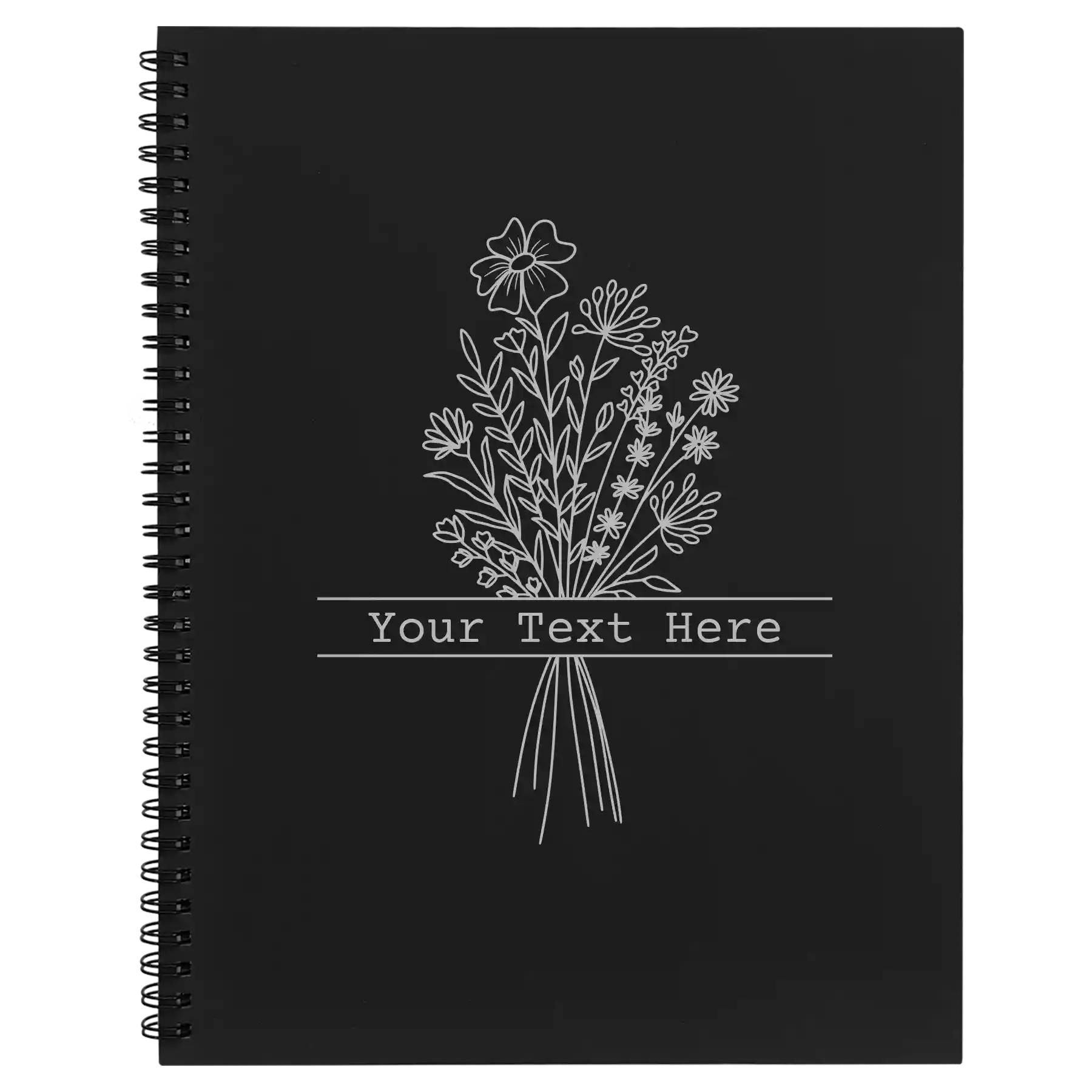 Large black spiral notebook laser etched with 'Bouquet Text' design