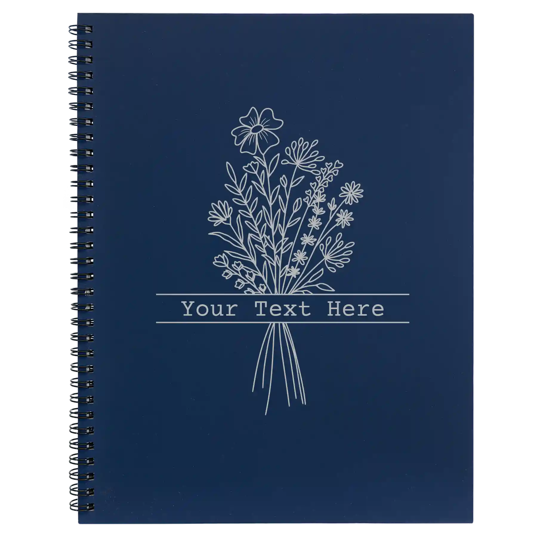 Large blue spiral notebook laser etched with 'Bouquet Text' design
