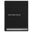 Large black spiral notebook laser etched with 'The Story of Us' design