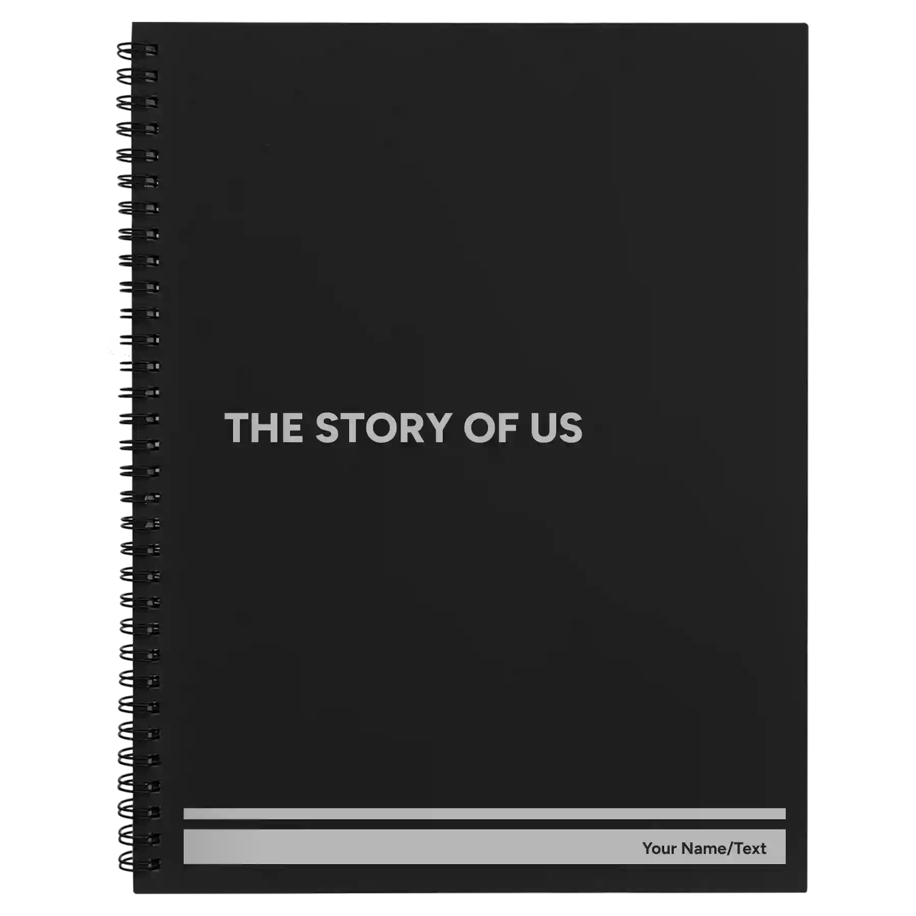 Large black spiral notebook laser etched with 'The Story of Us' design