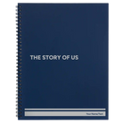 Large blue spiral notebook laser etched with 'The Story of Us' design