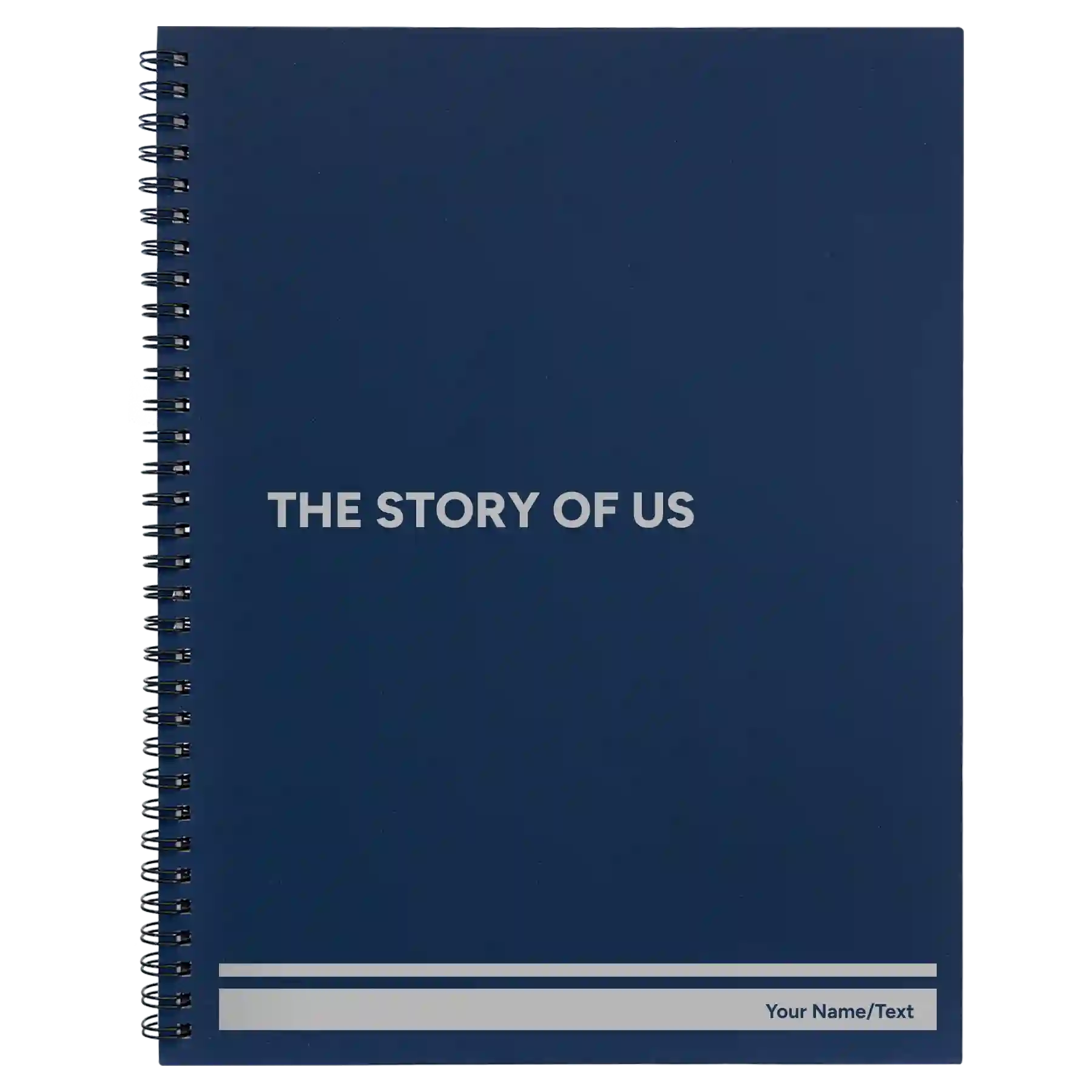 Large blue spiral notebook laser etched with 'The Story of Us' design