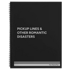 Large black spiral notebook laser etched with 'Pickup Lines' design