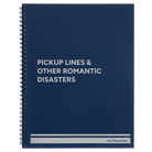 Large blue spiral notebook laser etched with 'Pickup Lines' design