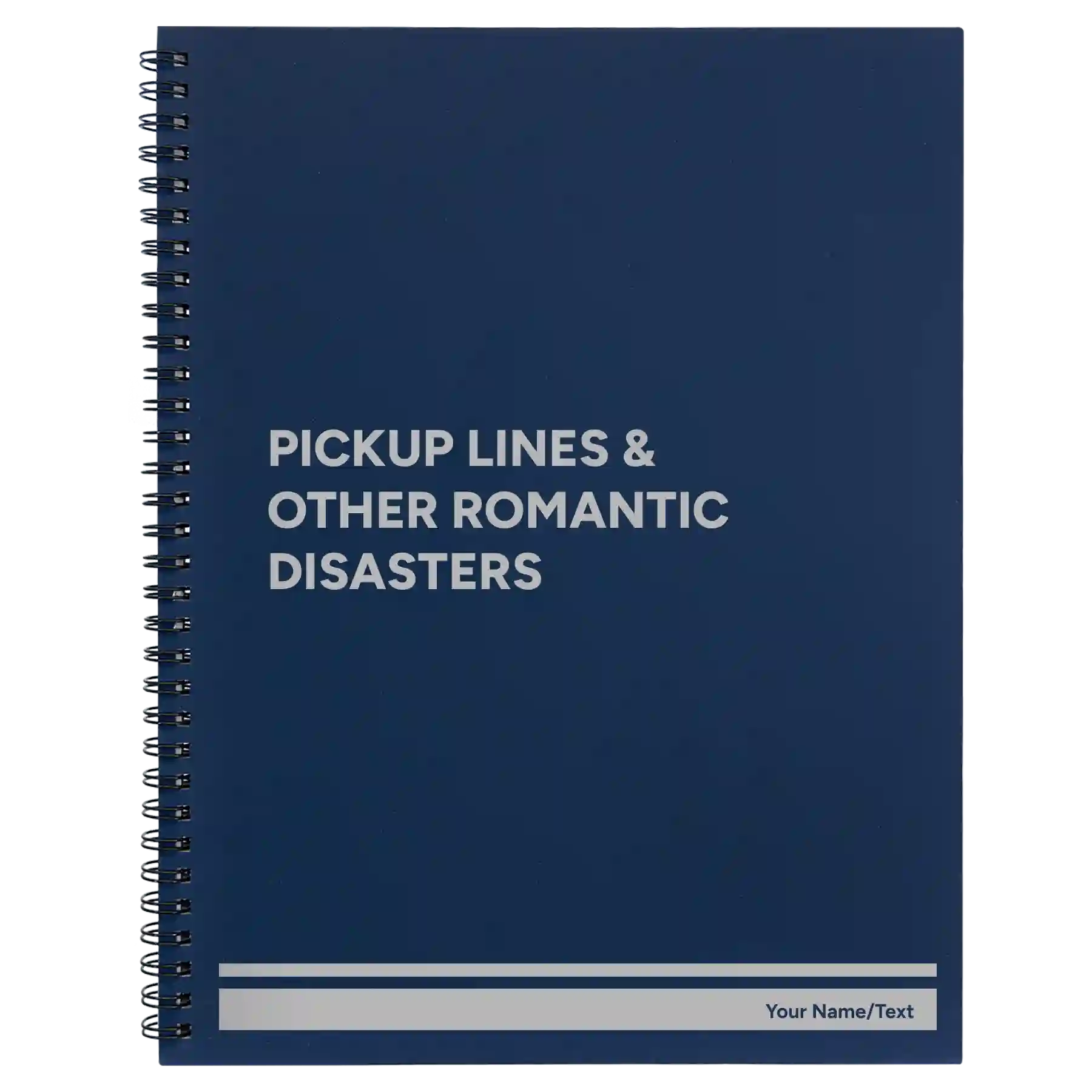 Large blue spiral notebook laser etched with 'Pickup Lines' design