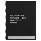 Large black spiral notebook laser etched with 'Relationship Remarks' design